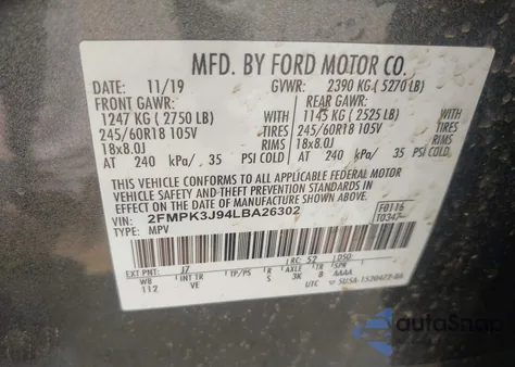 2020 Ford Edge Sel из США, поврежденный, VIN 2FMPK3J94LBA26302